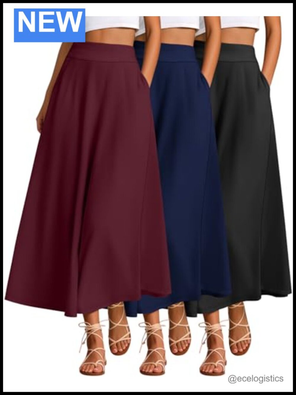 3 Pack A-Line Maxi Skirts for Women High Waisted Ankle Length Cotton Spandex